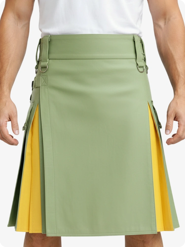 Kilt de cuero verde claro y amarillo con bolsillos cargo