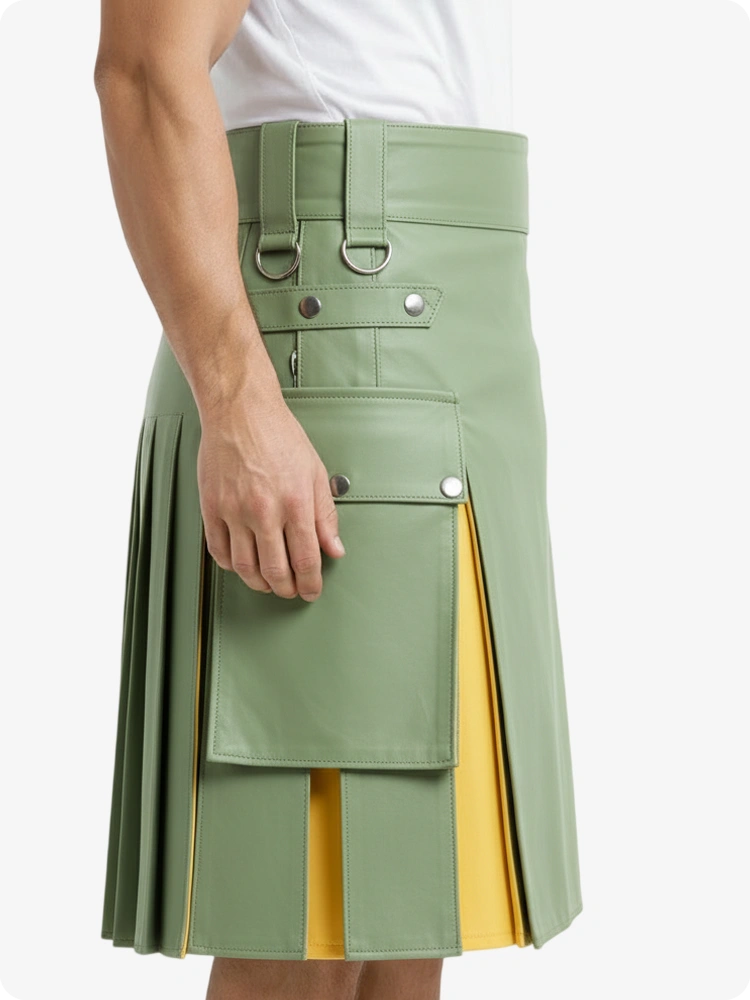 Kilt de cuero verde claro y amarillo con bolsillos cargo