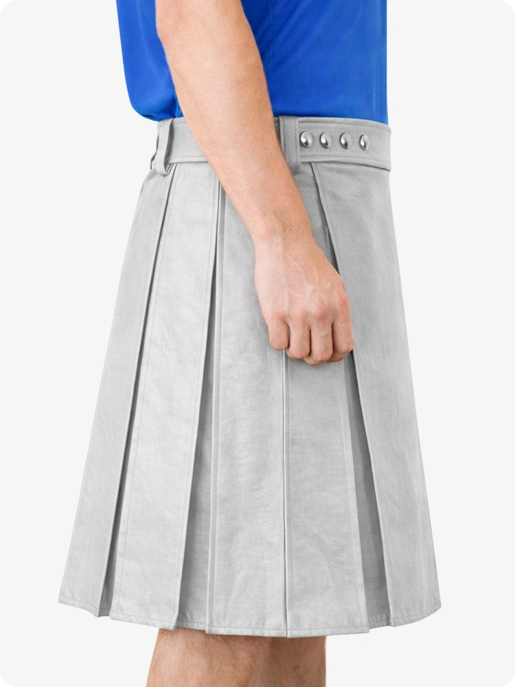 Light Grey Genuine Leather Utility Kilt with Studded Waistband