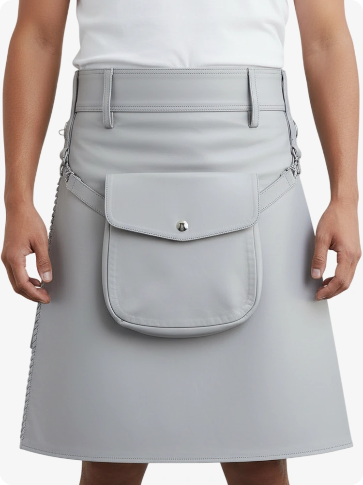 Kilt de cuero plisado gris claro con trabillas y correas laterales