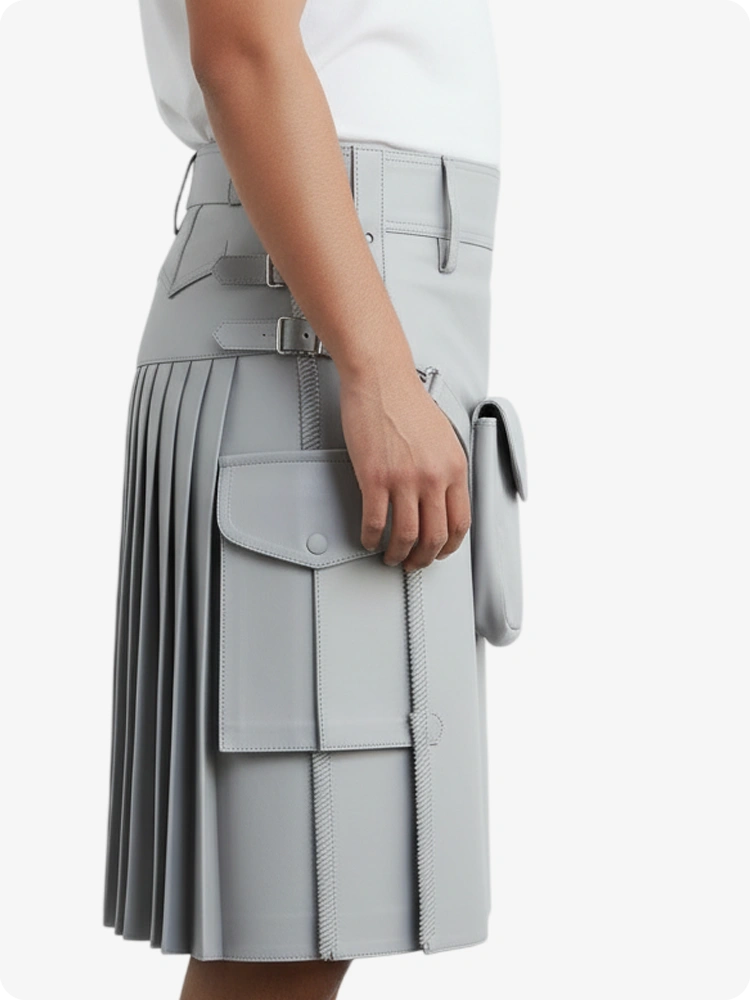 Kilt de cuero plisado gris claro con trabillas y correas laterales