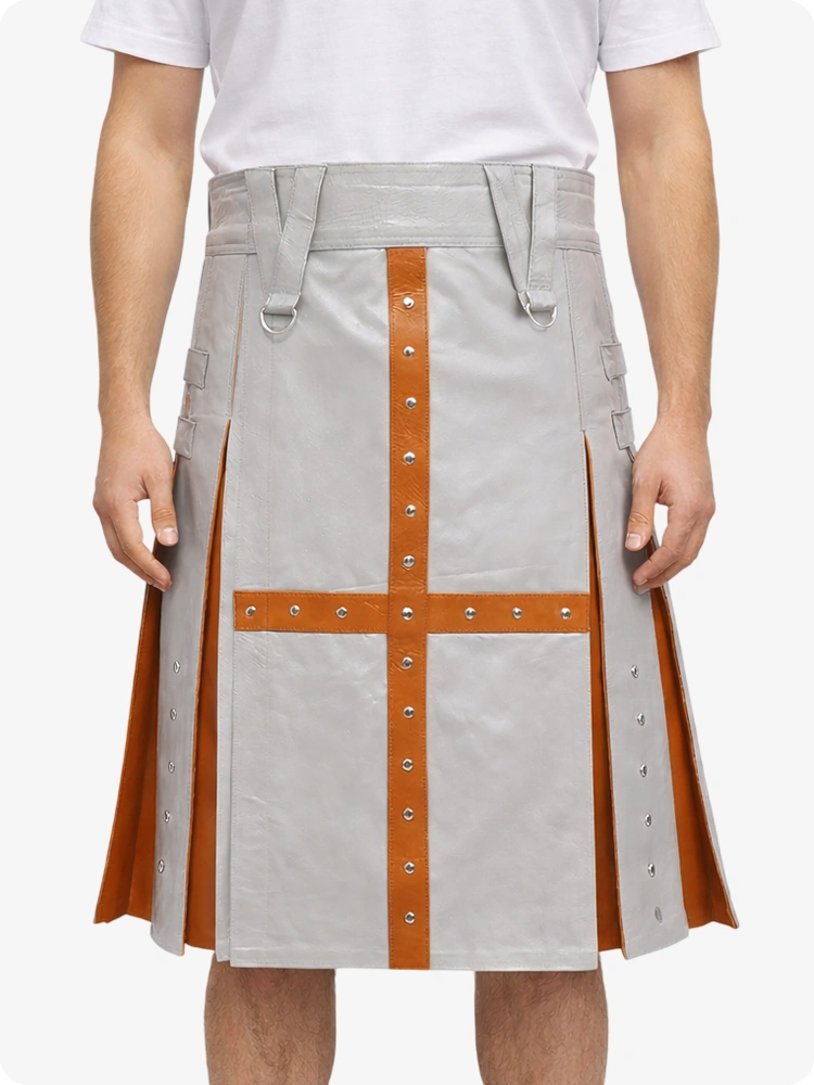Light Grey Leather Utility Kilt with Brown Cross Panel & Metal Rivet Detailing