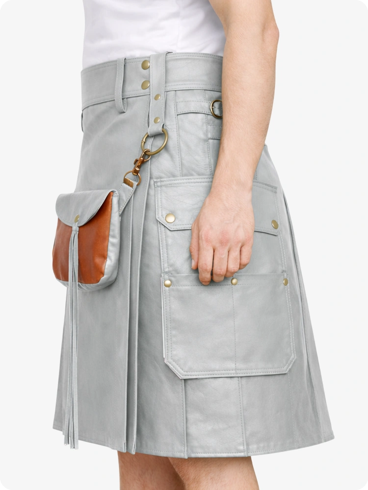 Person wearing a light gray Leather kilt with leather pocket on a white background