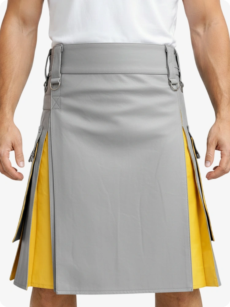 Kilt de cuero gris claro y amarillo con bolsillos cargo