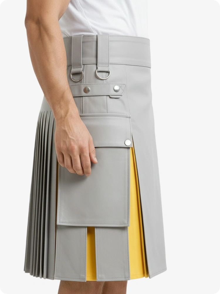 Kilt de cuero gris claro y amarillo con bolsillos cargo