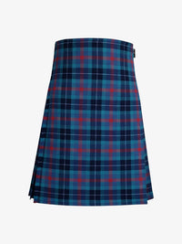 Plaid kilt with blue and red pattern on a white background