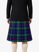 Person wearing a black jacket and plaid skirt on a white background