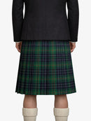 Person wearing a dark jacket and green plaid kilt on a white background