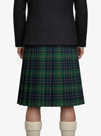 Person wearing a dark jacket and green plaid kilt on a white background
