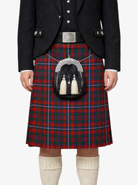 Person wearing a traditional Scottish kilt with a sporran on a white background