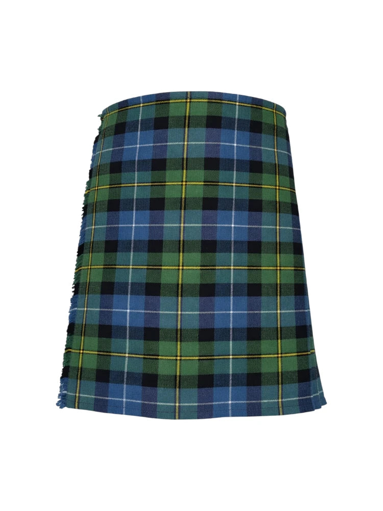 Plaid kilt with green, blue, and black pattern on a white background