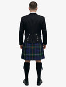 Person wearing a black prince charlie jacket and plaid mackenzie tartan kilt on a white background
