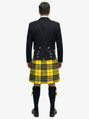 Person wearing a black prince charlie jacket and macleod of lewis tartan plaid kilt on a white background