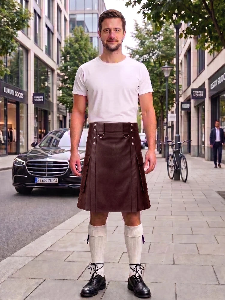 A man stands on a city sidewalk wearing a dark green kilt with silver hardware, a white t-shirt, cream knee-high socks, and black shoes. A black Mercedes-Benz car and urban buildings are visible in the background.