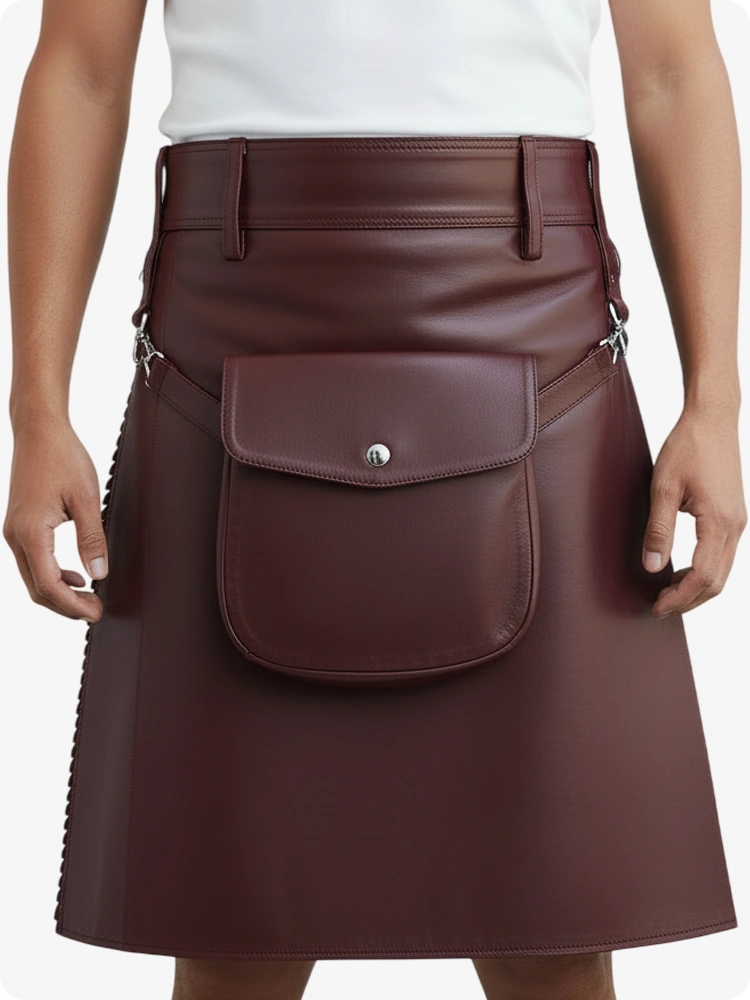 Kilt de cuero plisado color maroon con trabillas y correas laterales