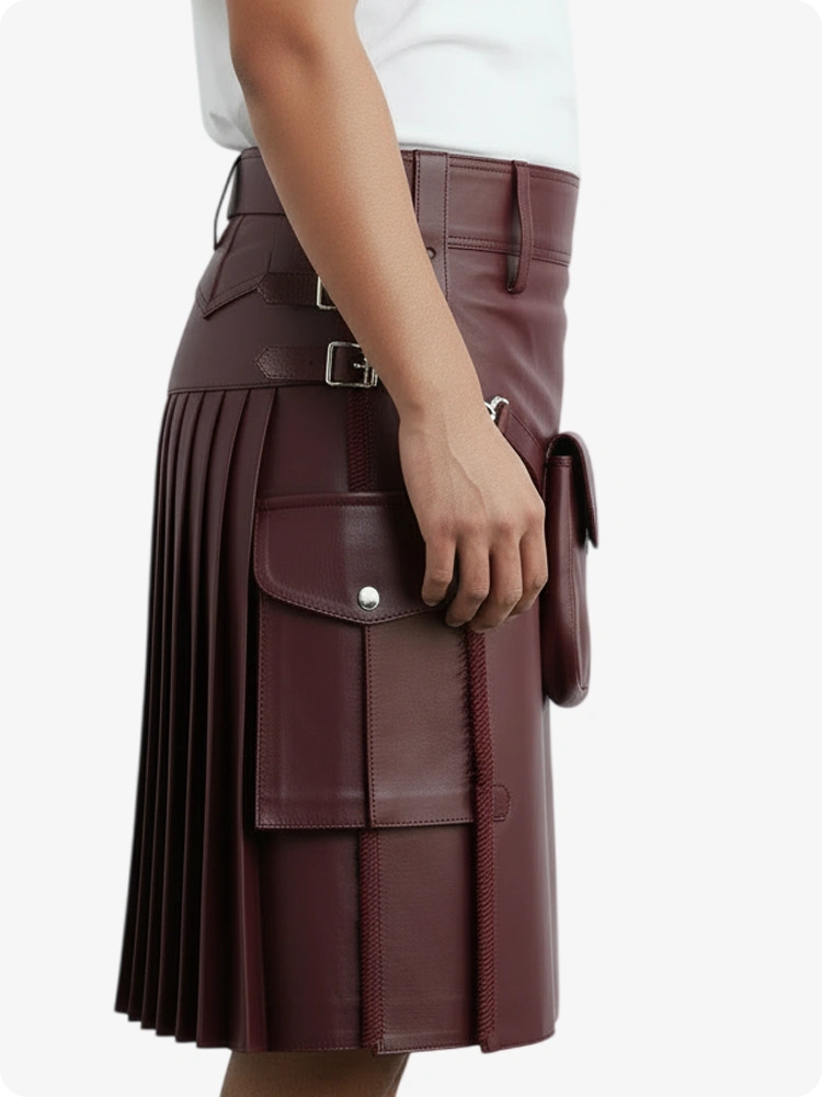 Kilt de cuero plisado color maroon con trabillas y correas laterales