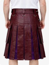 Maroon leather kilt worn by a person on a white background