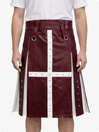 Maroon skirt with white accents worn by a person on a white background