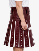Maroon leather kilt with white accents on a plain background