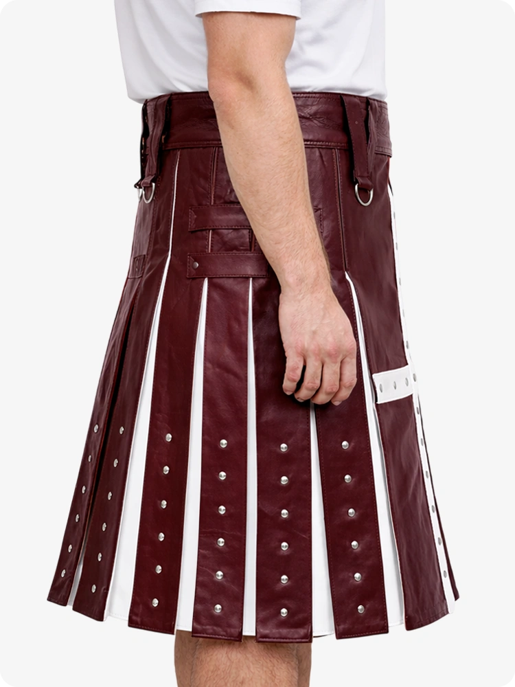 Maroon leather kilt with white accents on a plain background