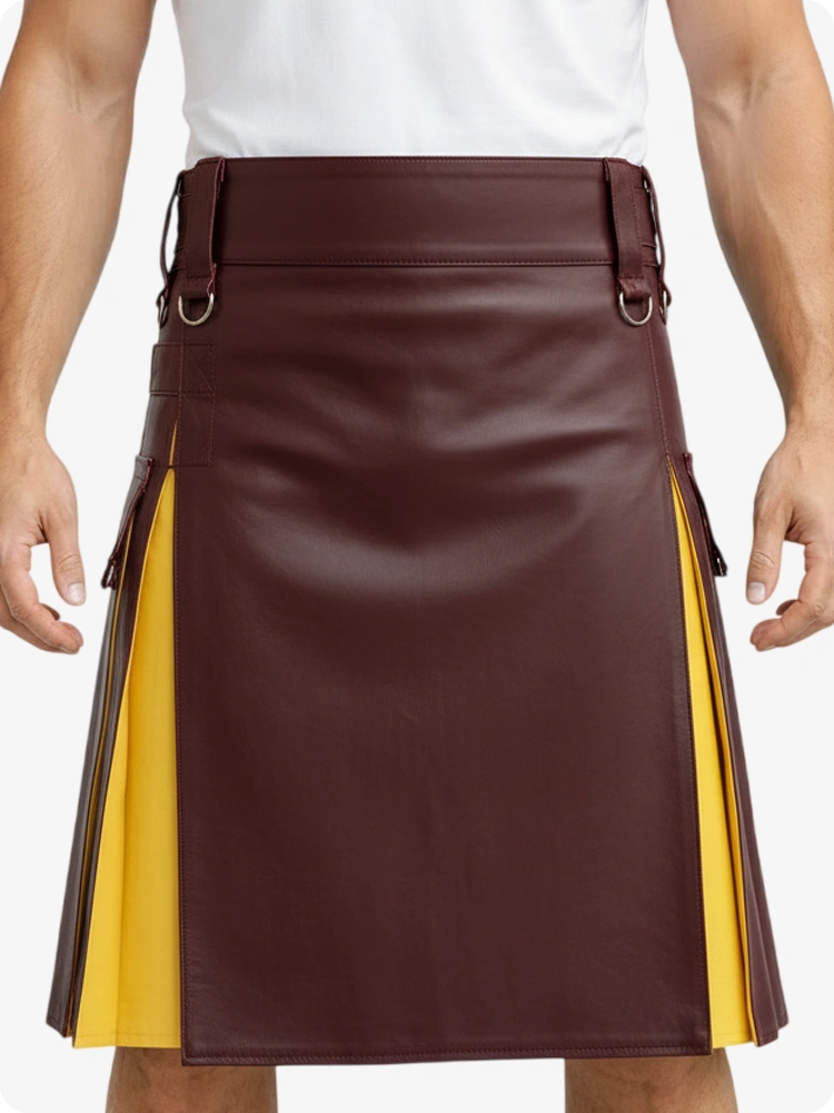 Kilt de cuero granate y amarillo con bolsillos cargo