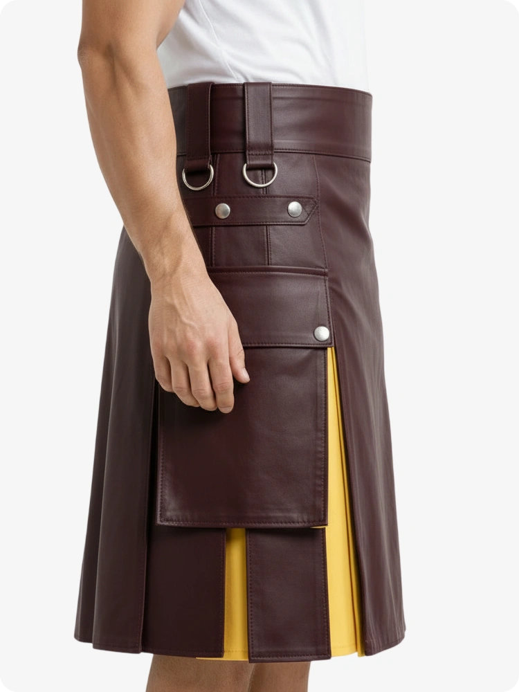 Kilt de cuero granate y amarillo con bolsillos cargo