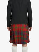Person wearing a black jacket and red plaid kilt on a white background