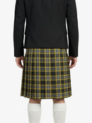 Person wearing a black blazer and plaid kilt on a white background