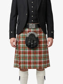 Person wearing a black jacket, red plaid kilt, and white knee-high socks on a white background