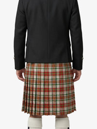 Person wearing a black jacket and plaid kilt on a white background