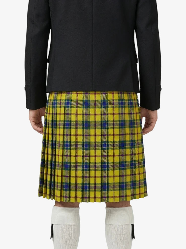 Person wearing a yellow plaid kilt with a black jacket on a white background
