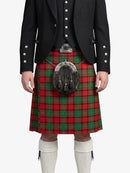 Person wearing a black jacket with decorative buttons and a red and green plaid kilt on a white background