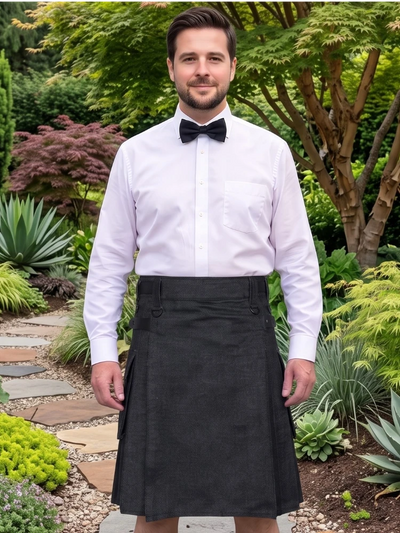 Kilt utility negro de mezclilla para hombres hecho a medida