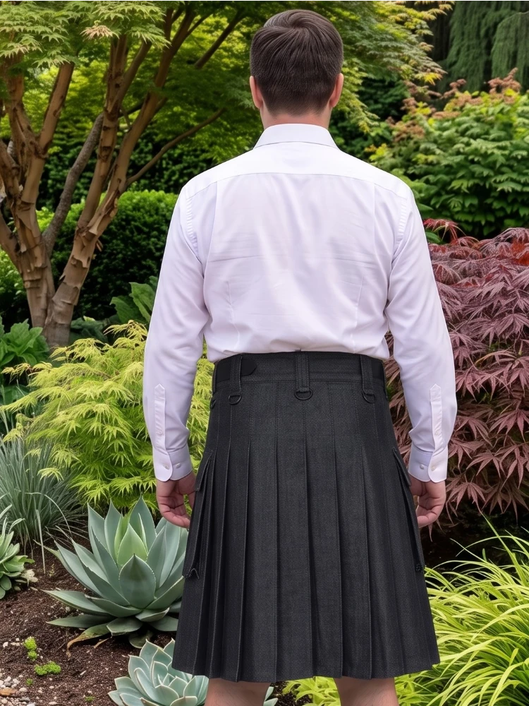 Kilt utility negro de mezclilla para hombres hecho a medida