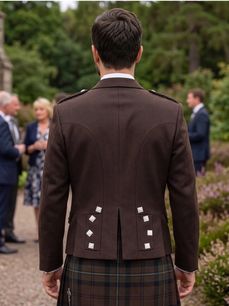 Chaqueta Kilt Prince Charlie Marrón con Solapas de Satén y Botones Cuadrados Plateados