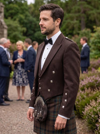 A man wearing a traditional Scottish formal outfit, featuring a dark brown double-breasted jacket with silver buttons, a white dress shirt, a black bow tie, and a tartan kilt with a sporran, standing in a garden setting with blurred guests in the background.