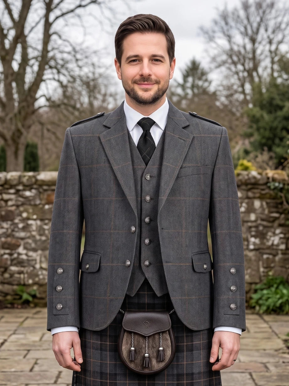 Chaqueta Kilt Argyle en Tweed Gris Carbón con Chaleco