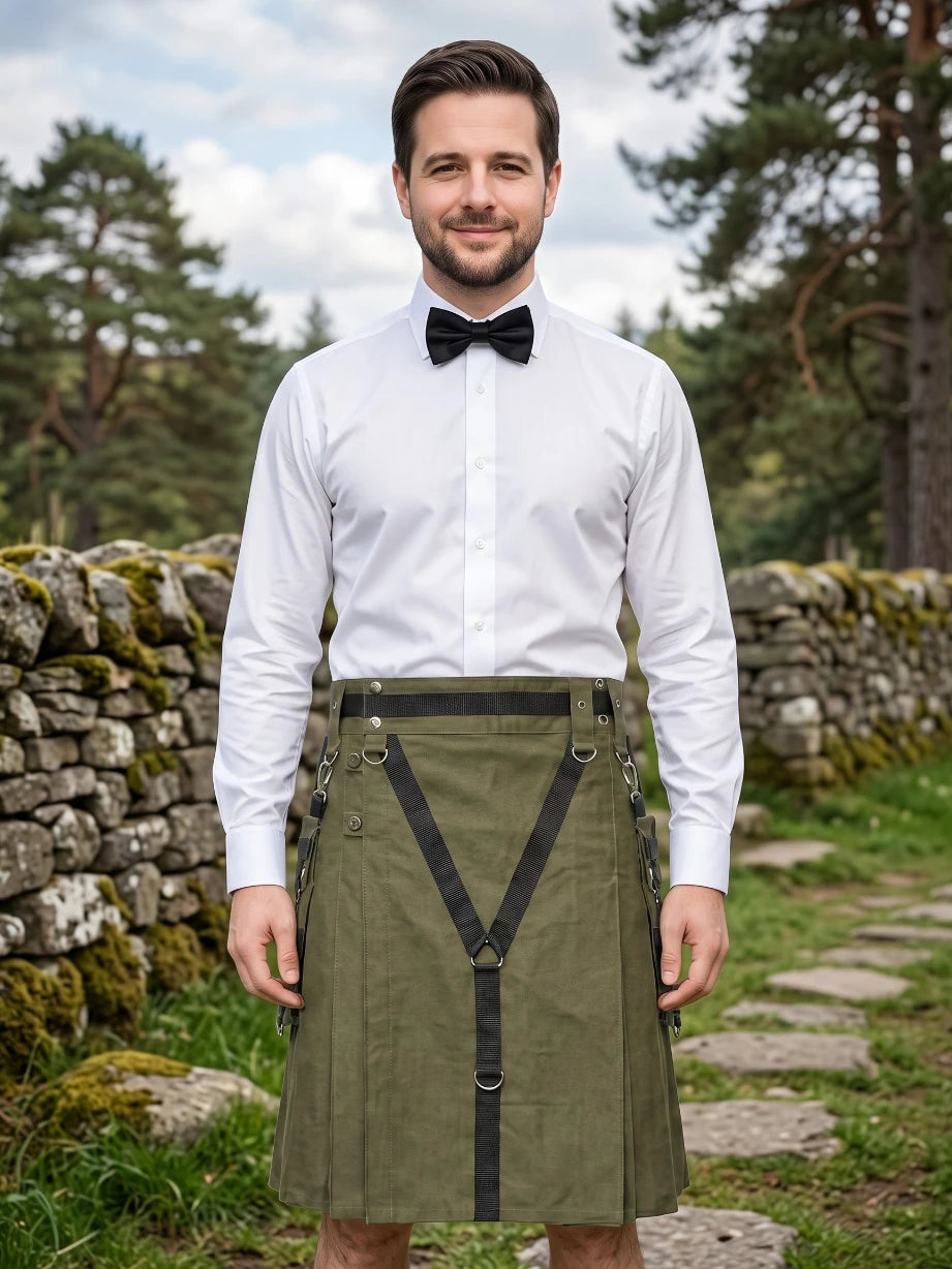 Kilt Utility Verde Oliva de Algodón Hecho a Medida