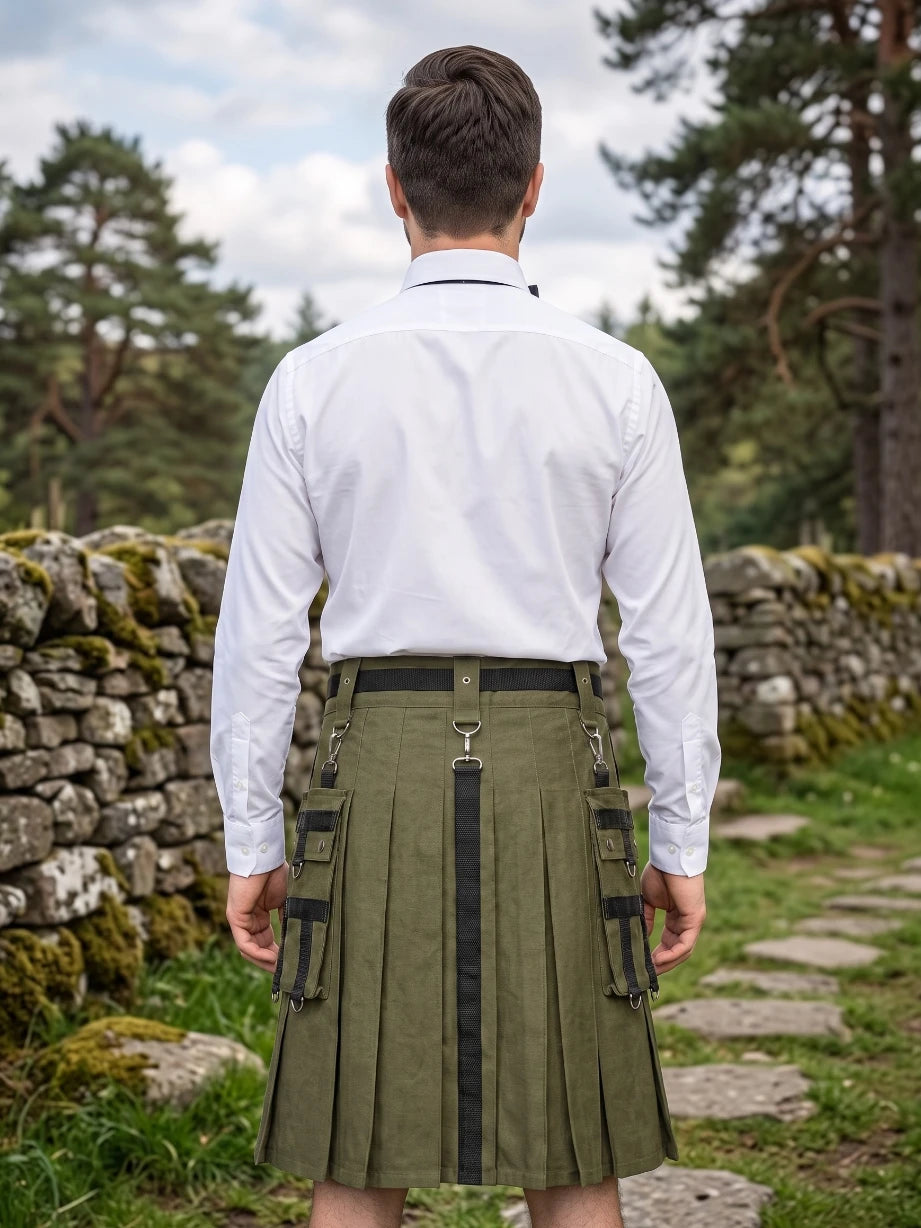 Kilt Utility Verde Oliva de Algodón Hecho a Medida