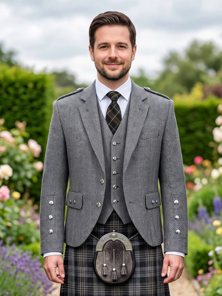 Chaqueta Kilt Argyle de Tweed Gris Oscuro con Chaleco