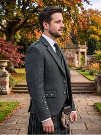 A man wearing a dark gray herringbone tweed kilt jacket and matching waistcoat, paired with a green and black patterned tie and a tartan kilt, standing in a stone garden path with autumn trees in the background.