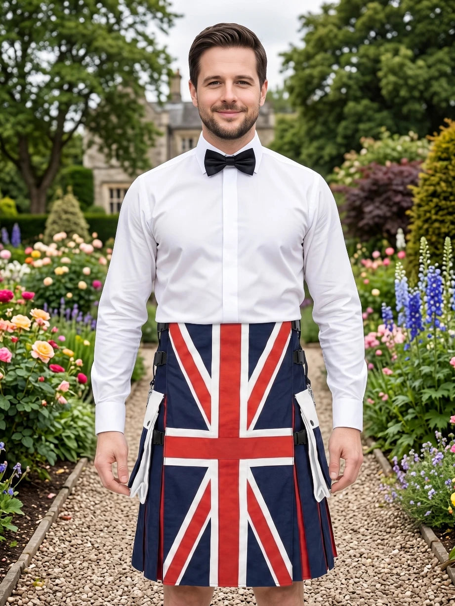 Kilt híbrido utilitario con bandera del Reino Unido hecho a medida
