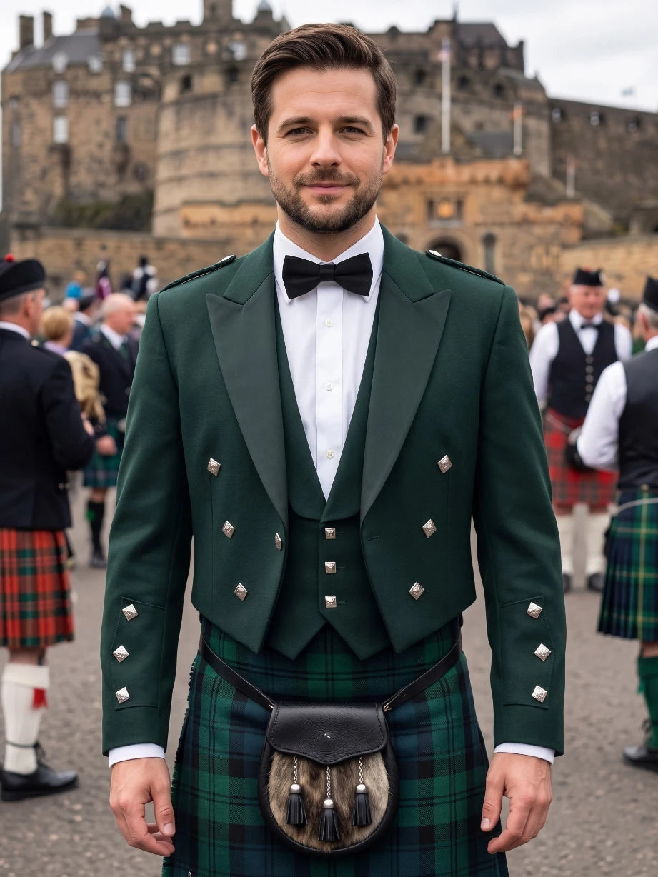 Chaqueta Kilt Prince Charlie Verde Bosque con Solapas de Satén y Botones Cuadrados Plateados
