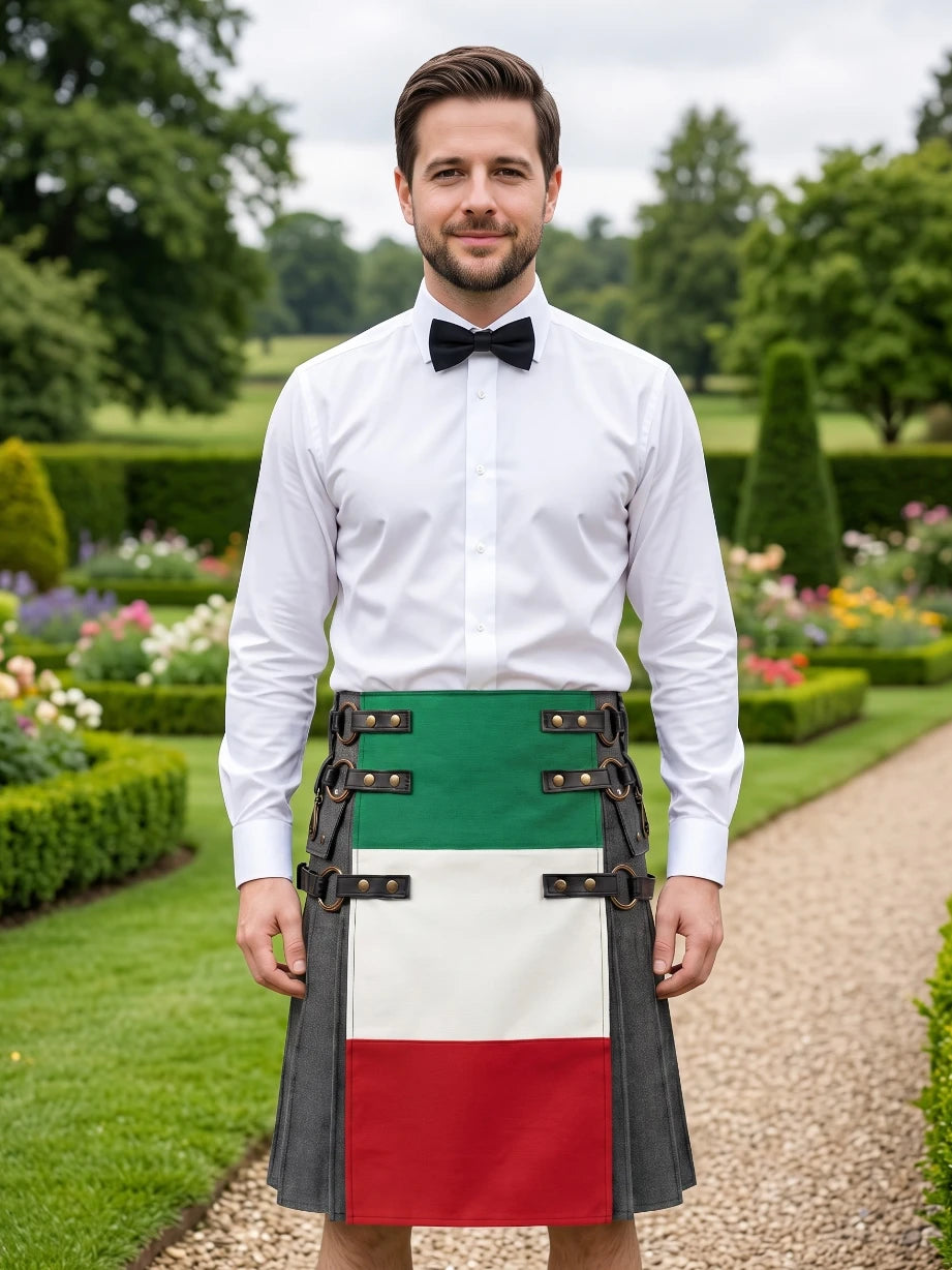 Kilt negro de mezclilla con bandera italiana hecho a medida con correas de cuero