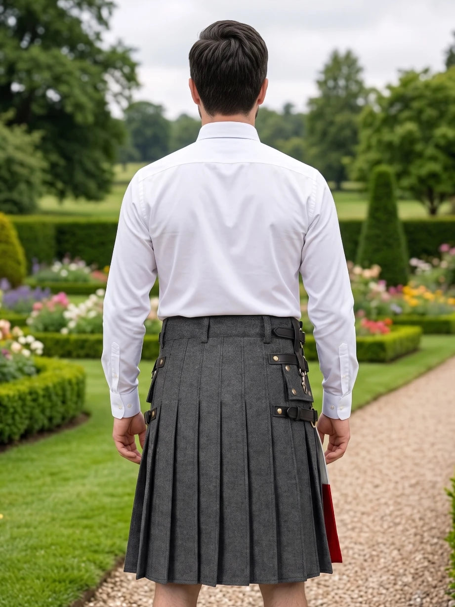 Kilt negro de mezclilla con bandera italiana hecho a medida con correas de cuero
