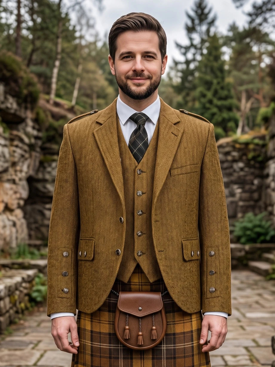 Chaqueta Kilt Argyle de Tweed Amarillo Mostaza con Chaleco