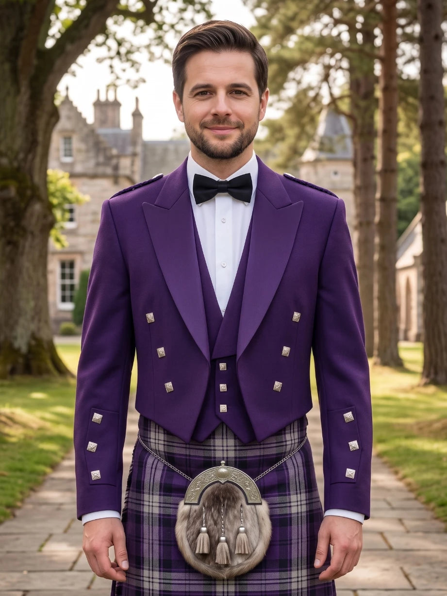Chaqueta Kilt Prince Charlie Púrpura con Solapas de Satén y Botones Cuadrados Plateados