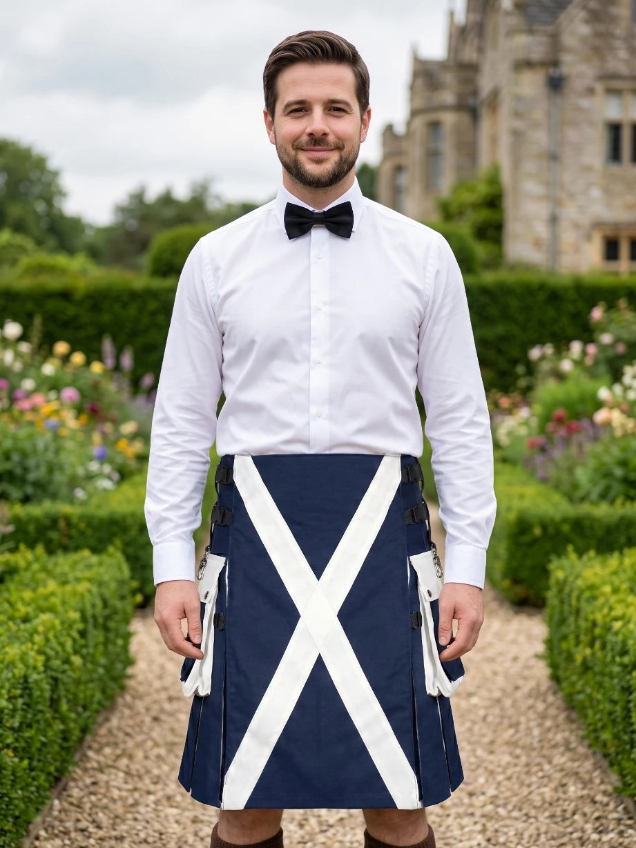 Kilt utilitario tradicional con bandera de Escocia hecho a medida