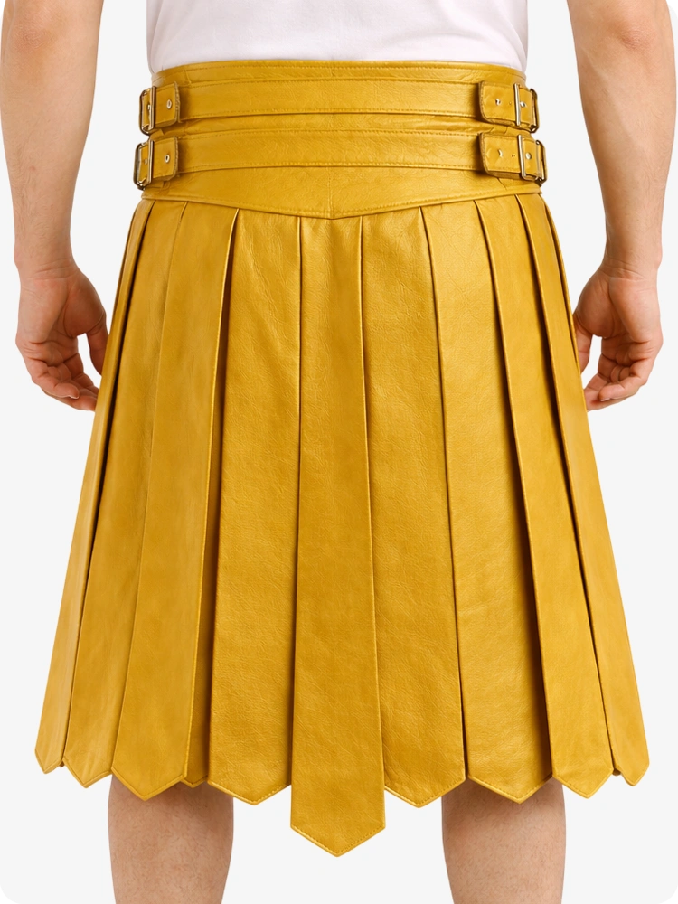 Yellow pleated skirt with belt on a white background