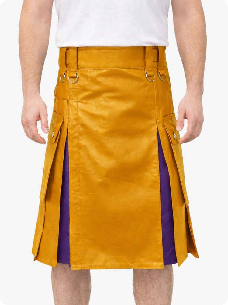 Mustard Yellow Leather Utility Kilt with Purple Pleats, Side Pockets & D-Ring Hardware